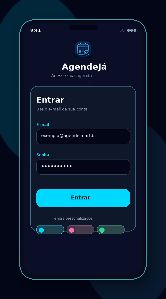 Login do app AgendeJá com exemplo@agendeja.art.br